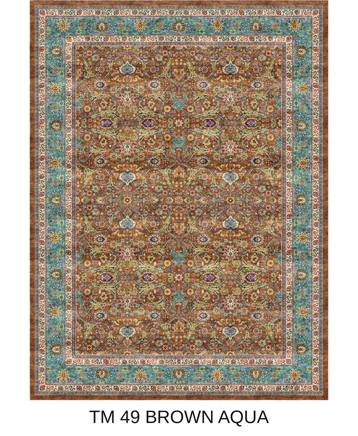 Parisa brown and aqua Persian floral machine-made polyester carpet, full view