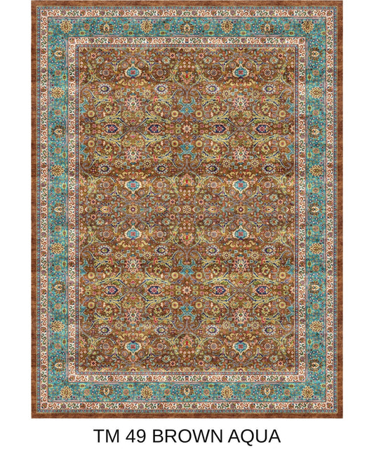 Parisa brown and aqua Persian floral machine-made polyester carpet, full view