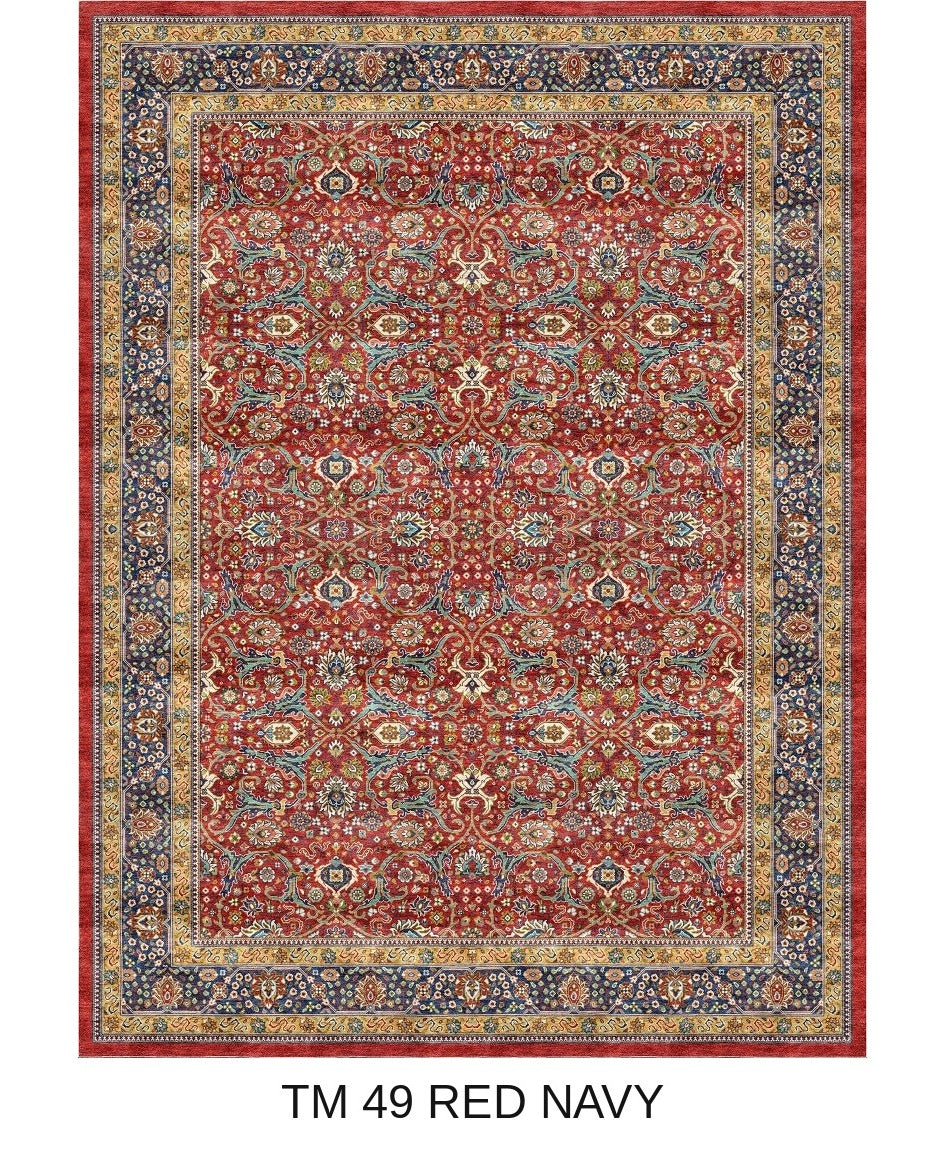 Roshan red and navy Persian floral machine-made polyester carpet, full view