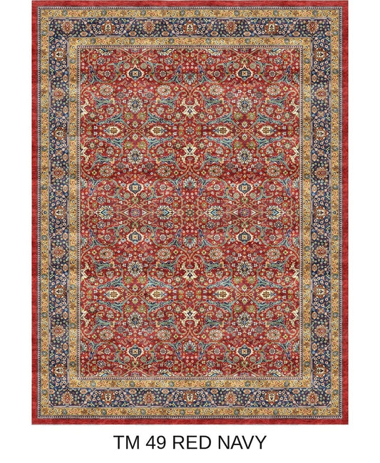 Roshan red and navy Persian floral machine-made polyester carpet, full view