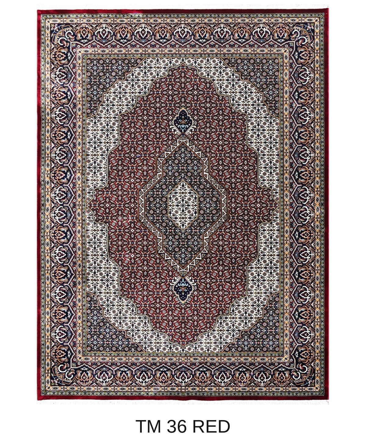 Roya red Persian medallion machine-made polyester carpet, full view
