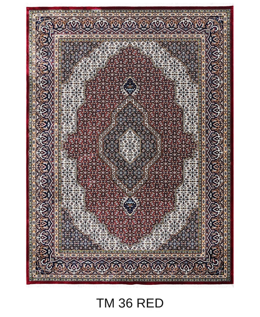 Roya red Persian medallion machine-made polyester carpet, full view