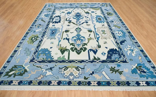 Marmara Sky Blue Oushak Hand Knotted Wool Rug - sky blue rectangular rug