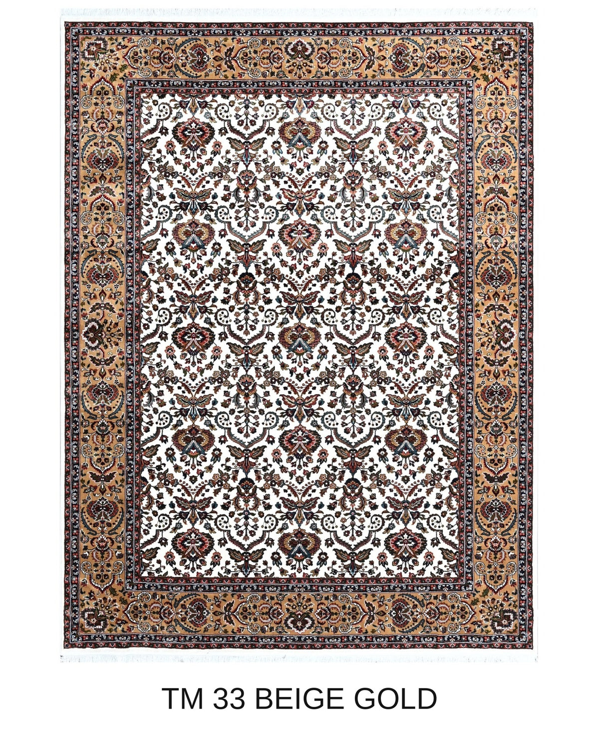 Sepideh beige and gold Persian floral machine-made polyester carpet, full view