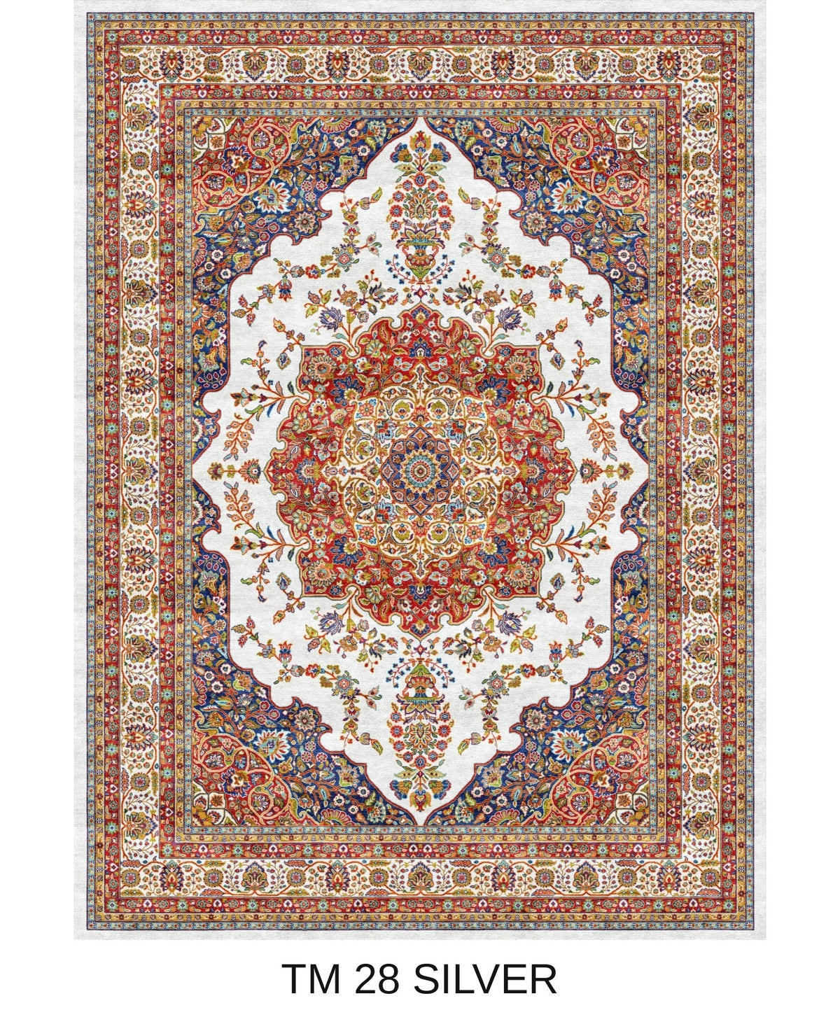 Shabnam silver Persian medallion machine-made polyester carpet, full view
