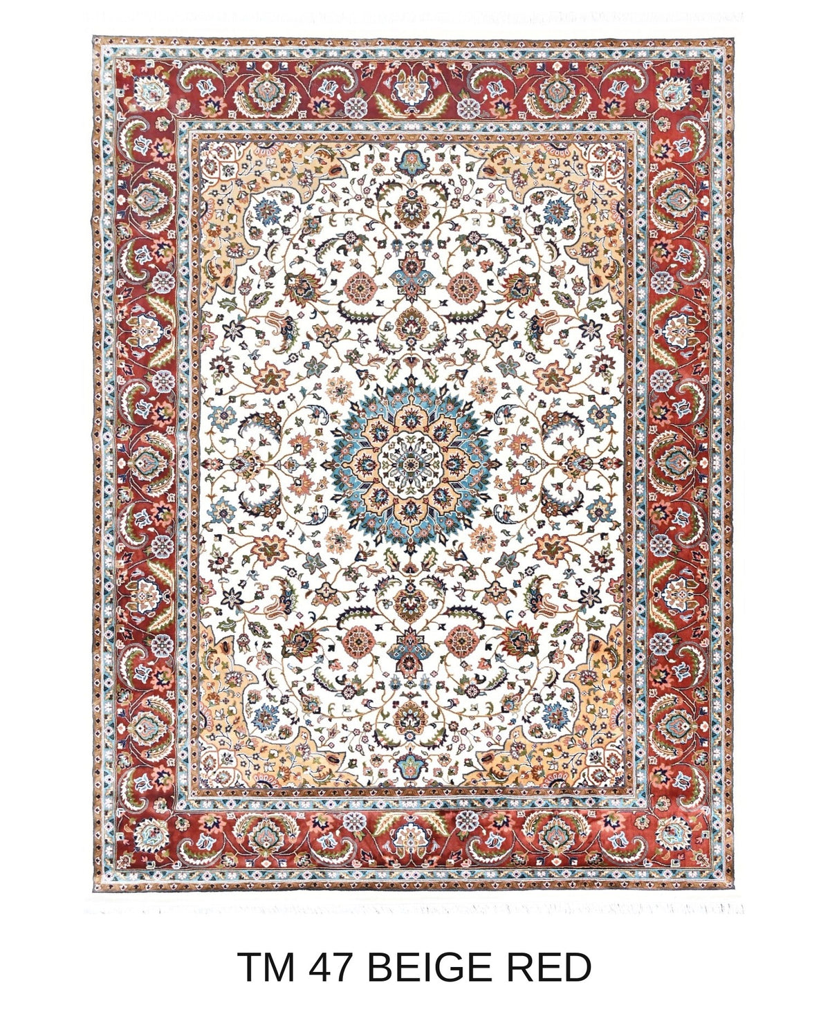 Shirin beige and red Persian medallion machine-made polyester carpet, full view