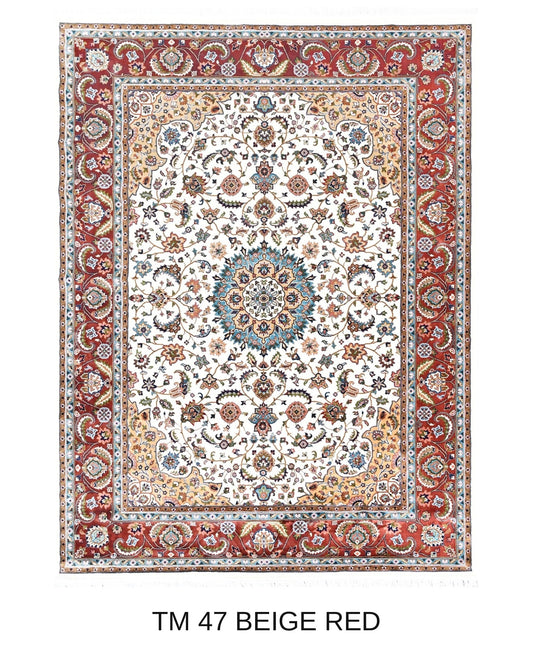 Shirin beige and red Persian medallion machine-made polyester carpet, full view