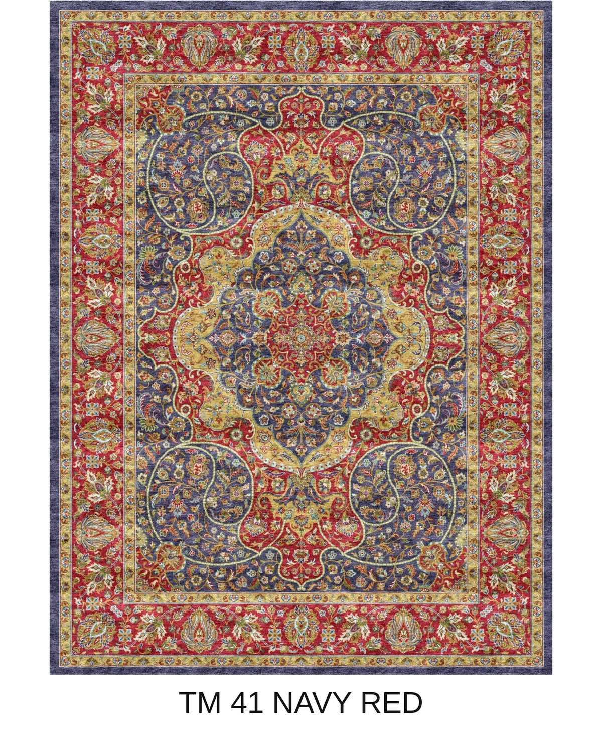 Soraya navy and red Persian medallion machine-made polyester carpet, full view