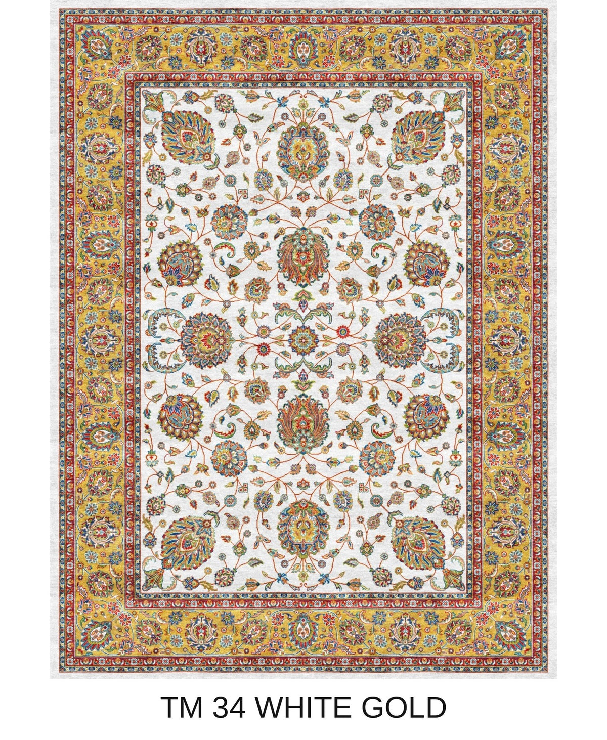 Tala white and gold Persian floral machine-made polyester carpet, full view