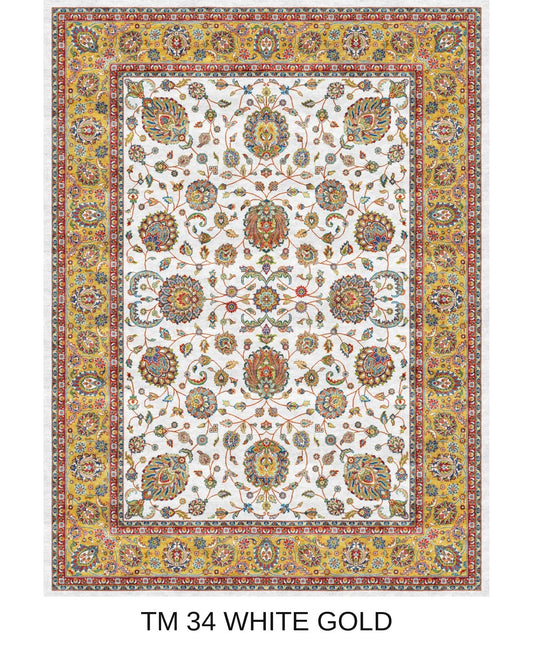 Tala white and gold Persian floral machine-made polyester carpet, full view