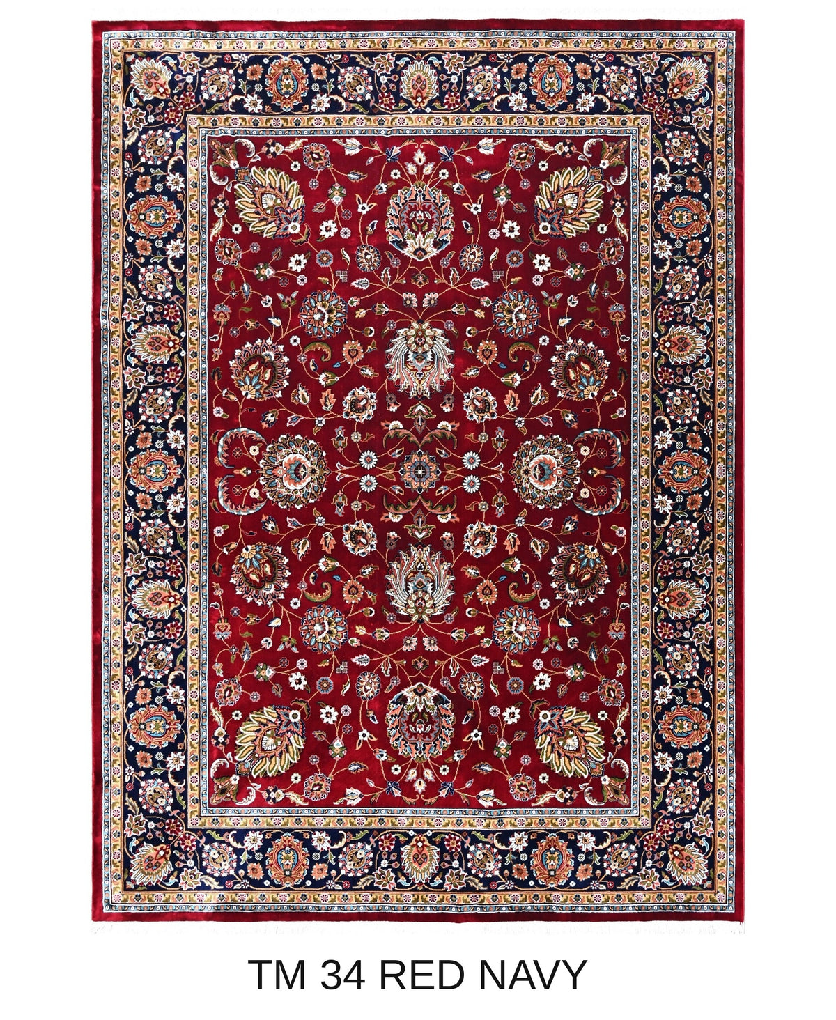 Tara red and navy Persian floral machine-made polyester carpet, full view