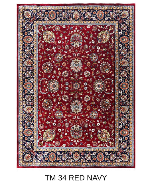 Tara red and navy Persian floral machine-made polyester carpet, full view