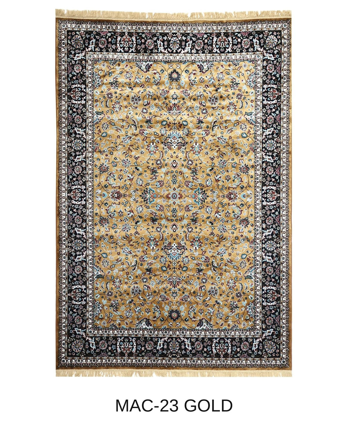 Tilla gold and navy Persian floral machine-made viscose carpet, full view