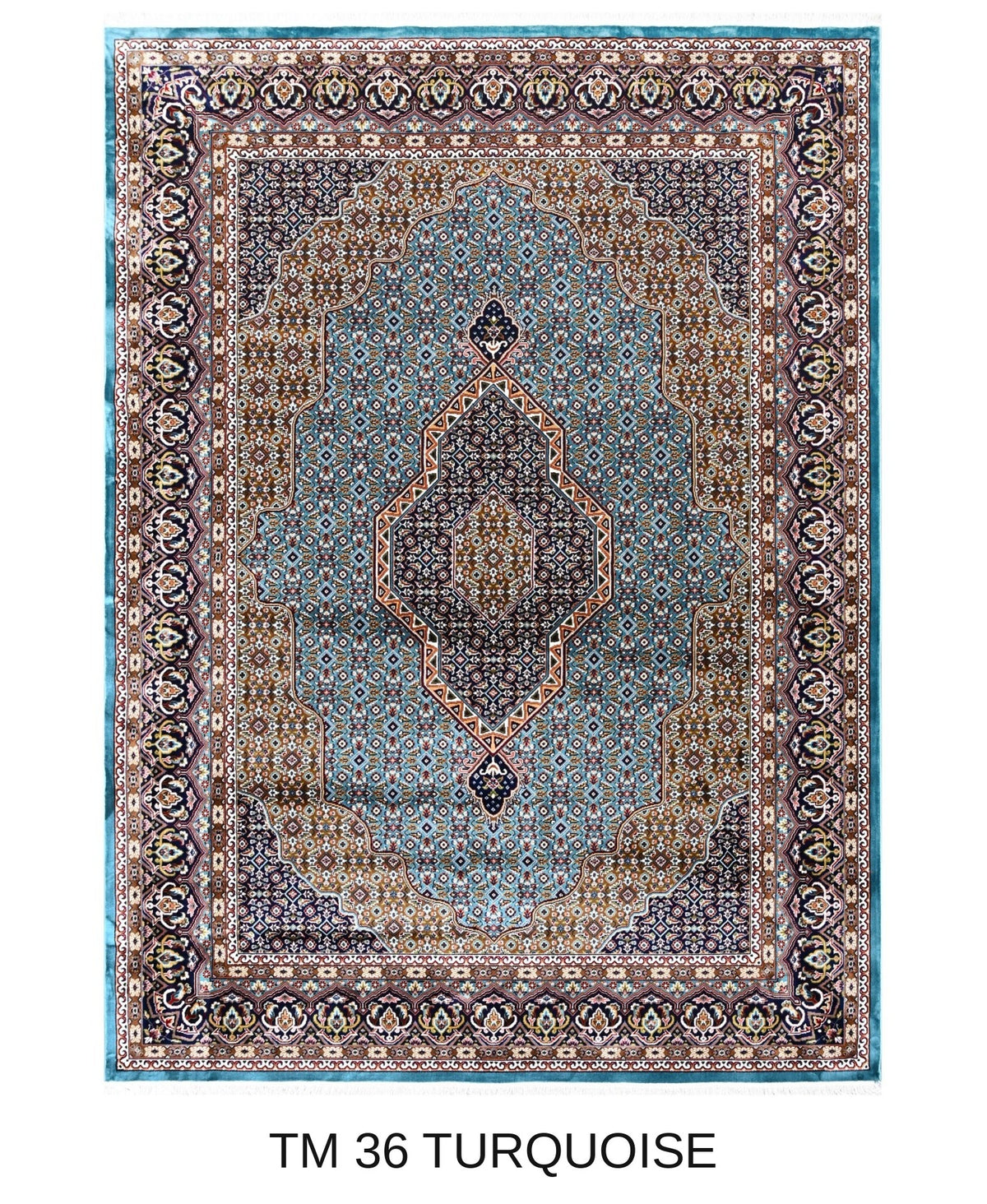 Yasmin turquoise Persian medallion machine-made polyester carpet, full view
