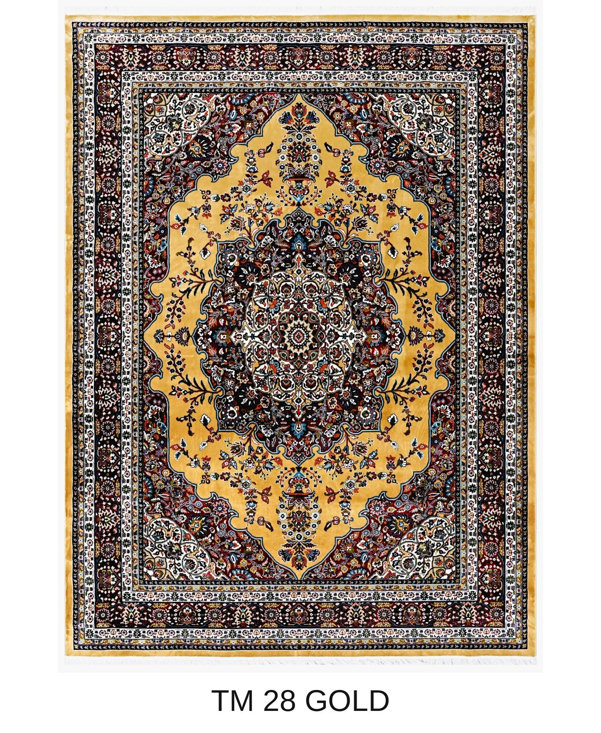 Zarin gold Persian medallion washable acrylic silk carpet, full view