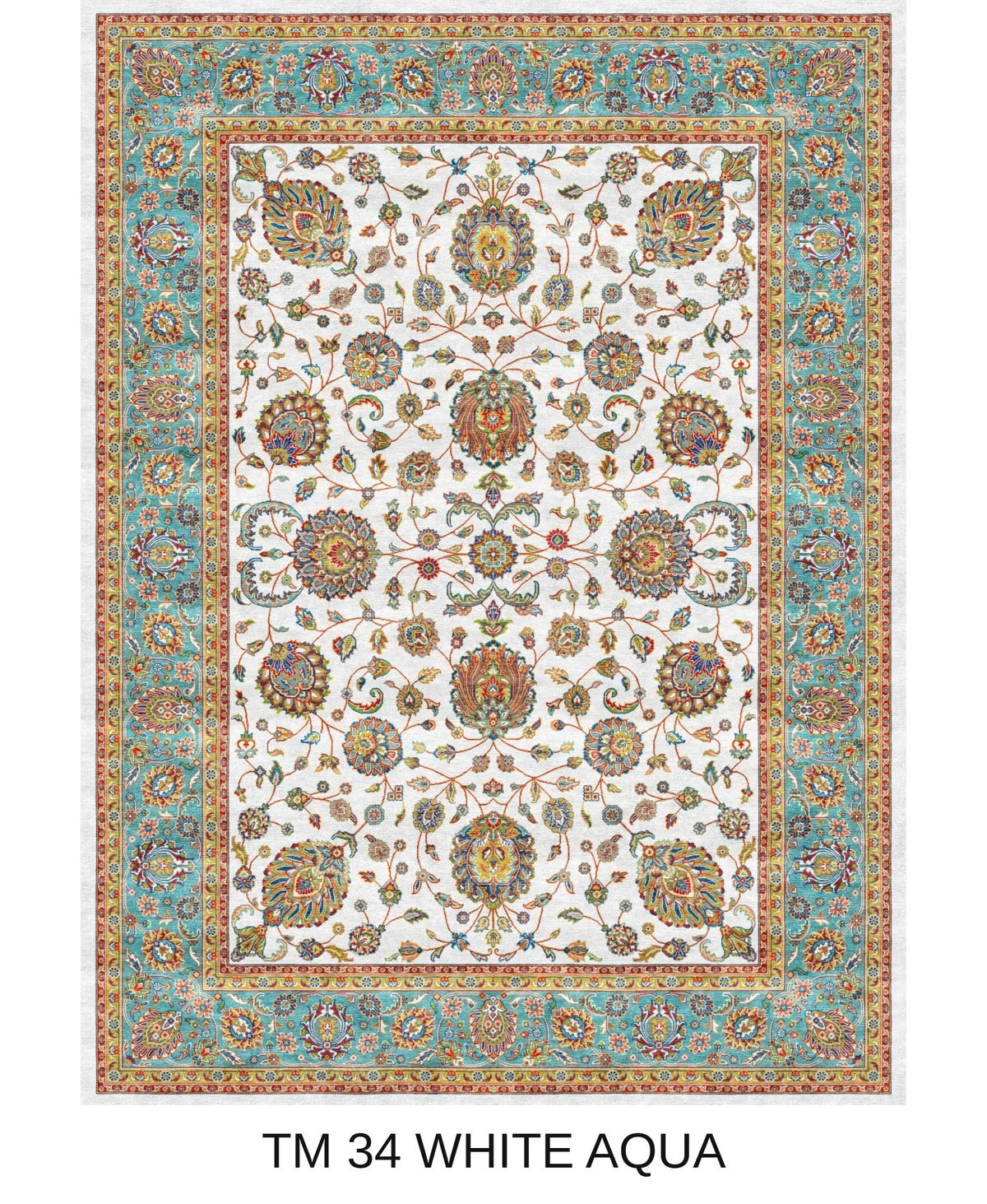 Zohreh white and aqua Persian floral machine-made polyester carpet, full view