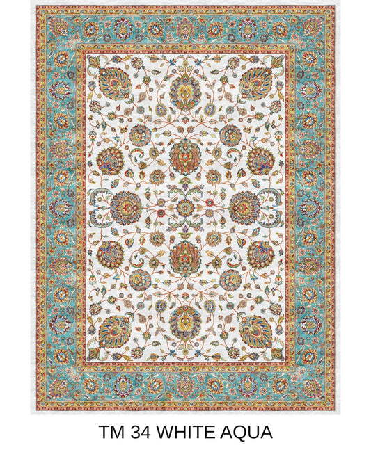 Zohreh white and aqua Persian floral machine-made polyester carpet, full view