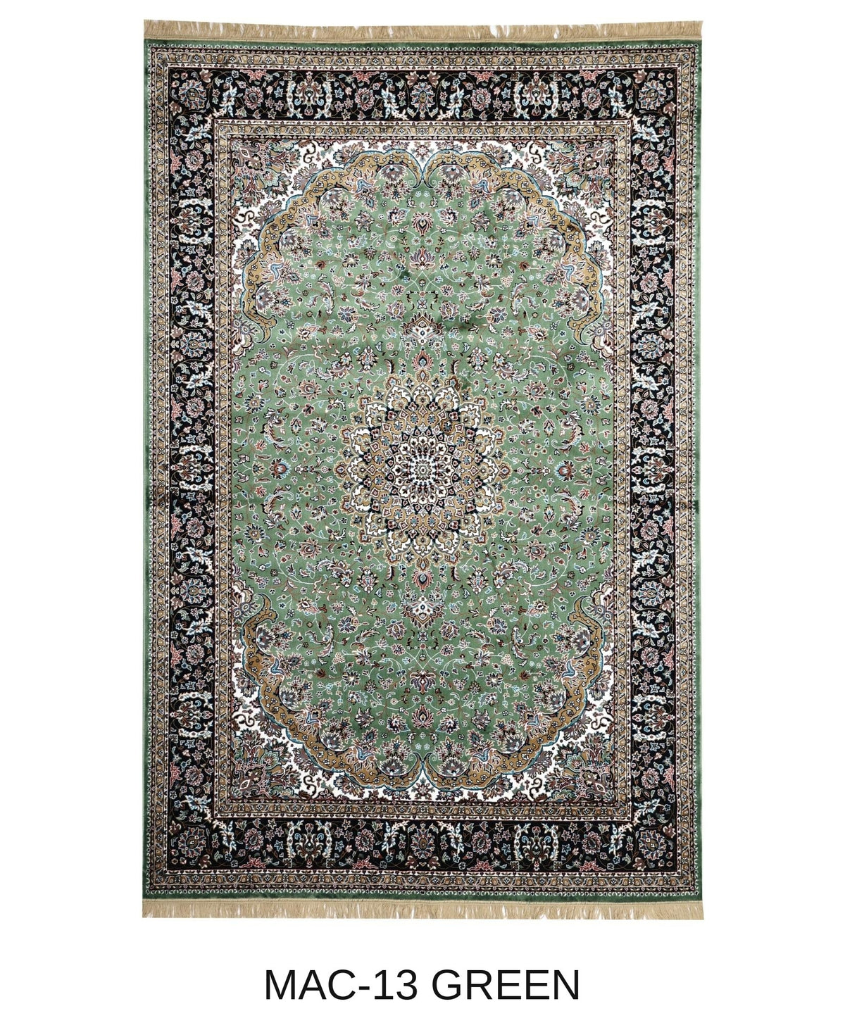 Zumurrud green and navy Persian medallion machine-made viscose carpet, full view